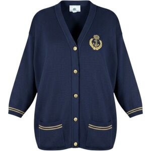 Vintage Bay Point Threads Cardigan Women M Navy Nautical Anchor Gold Button USA